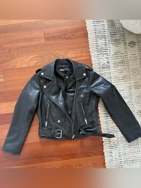 ZARA Black Faux Leather Biker Jacket with Belt